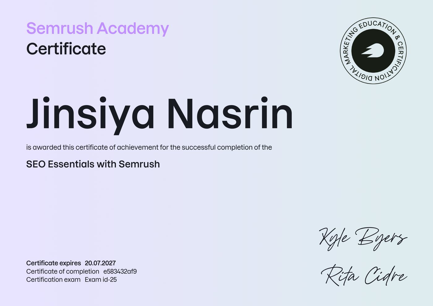 Semrush Academy – SEO Essentials with Semrush certificate